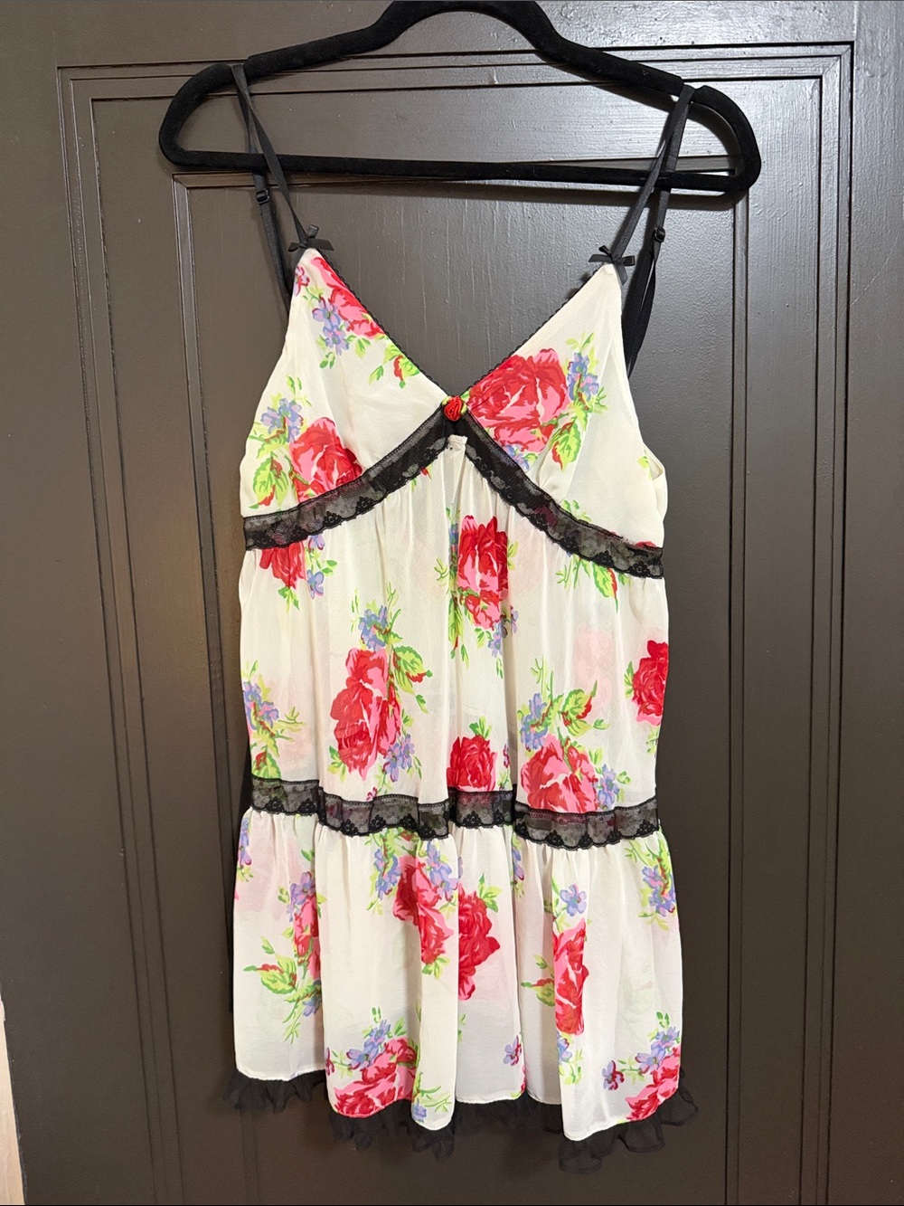 Betsey Johnson Chemise with Red Floral Print and Black Trim